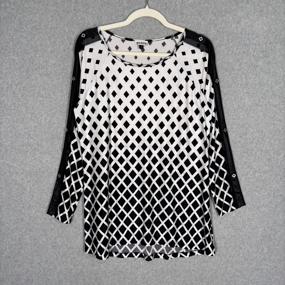 Slinky Liquid Knit Tunic Top Large  Black White Diamond Mesh‎ Sleeve Rhinestone